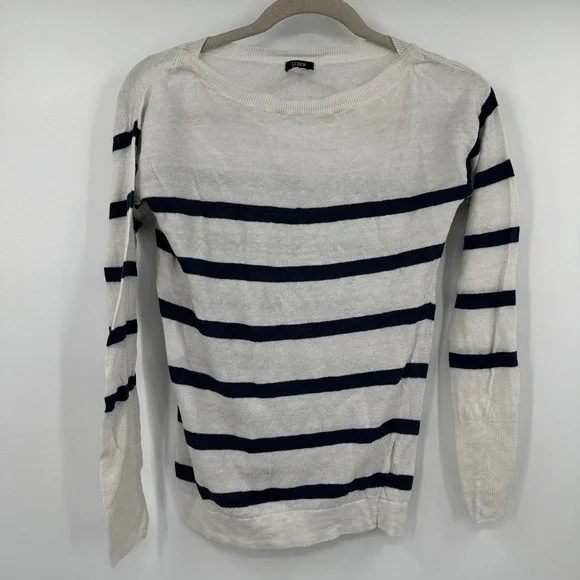 J.Crew Womens Small 100% Linen Striped Sweater Navy White Boat Neck Nautical - Picture 1 of 6